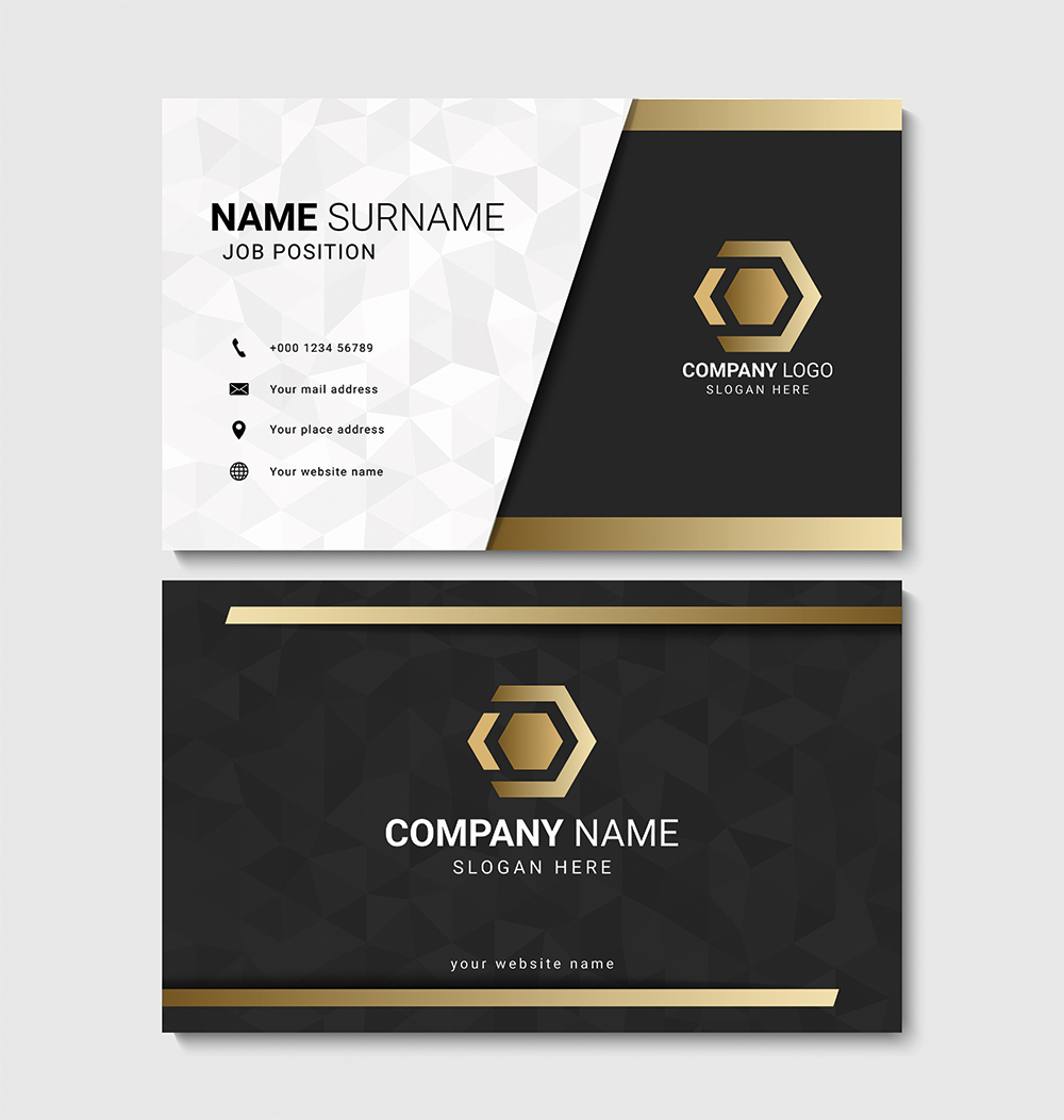 Elegant black and gold business cards featuring a premium gold foil look for a bold, professional impression. Elegant black and gold business cards featuring a premium gold foil look for a bold, professional impression.