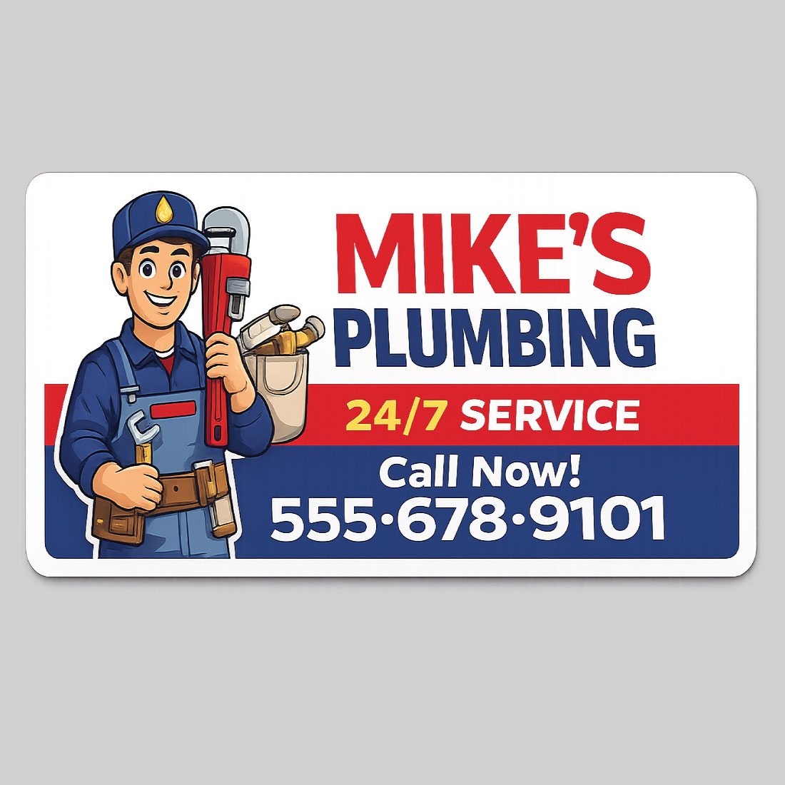 Mike’s Plumbing car magnet with logo, 24/7 service message, and phone number
Mike’s Plumbing car magnet with logo, 24/7 service message, and phone number