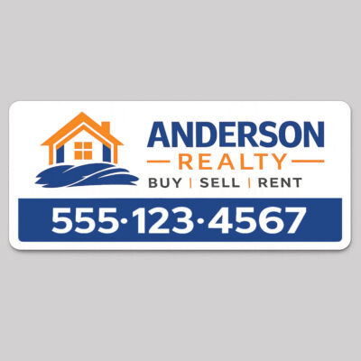 Custom realtor car magnet for Anderson Realty with logo, buy sell rent tagline, and phone number