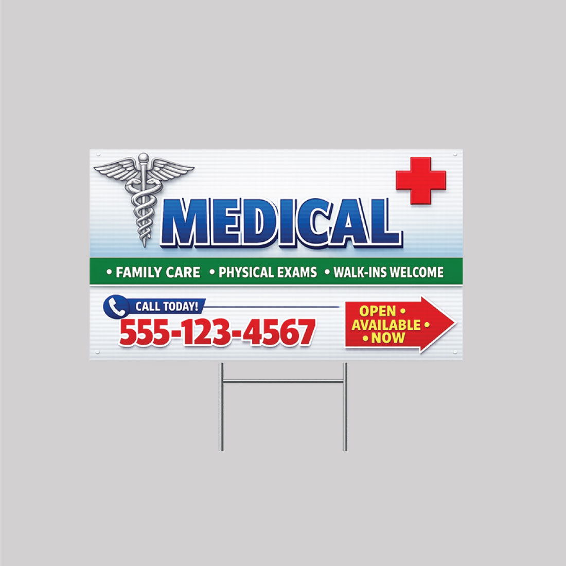 Medical corrugated plastic yard sign with red cross, clinic branding, phone number, and directional arrow on metal stakes Medical corrugated plastic yard sign with red cross, clinic branding, phone number, and directional arrow on metal stakes
