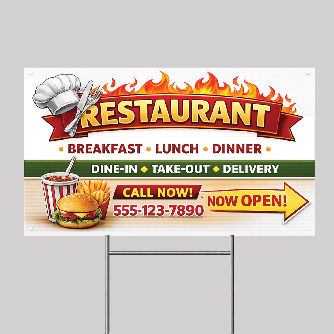 Custom corrugated plastic restaurant sign ideal for outdoor promotions, grand openings, and daily specials. Custom corrugated plastic restaurant sign ideal for outdoor promotions, grand openings, and daily specials.