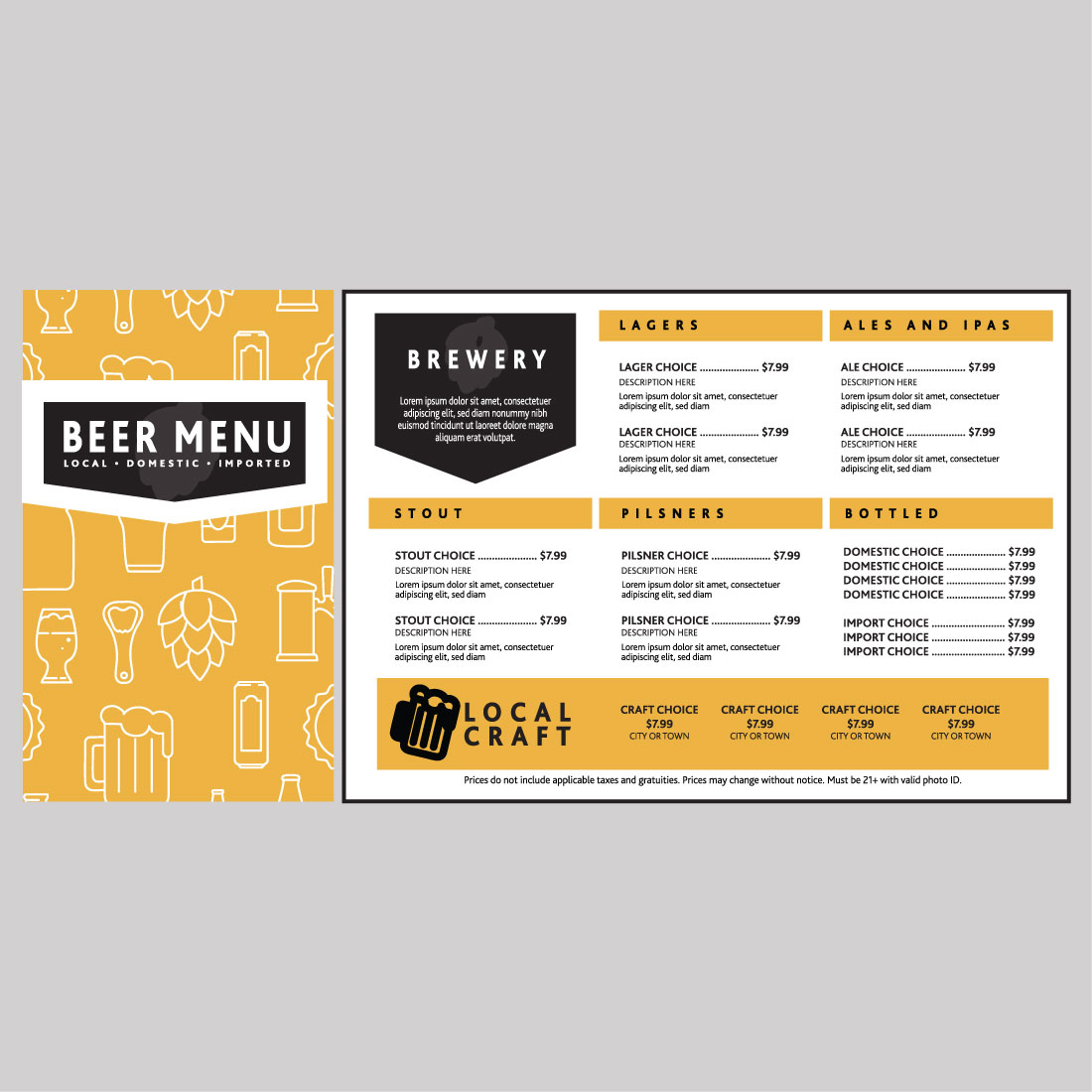 Brewery menu design featuring beer selections and pricing in a bold layout.
Brewery menu design featuring beer selections and pricing in a bold layout.