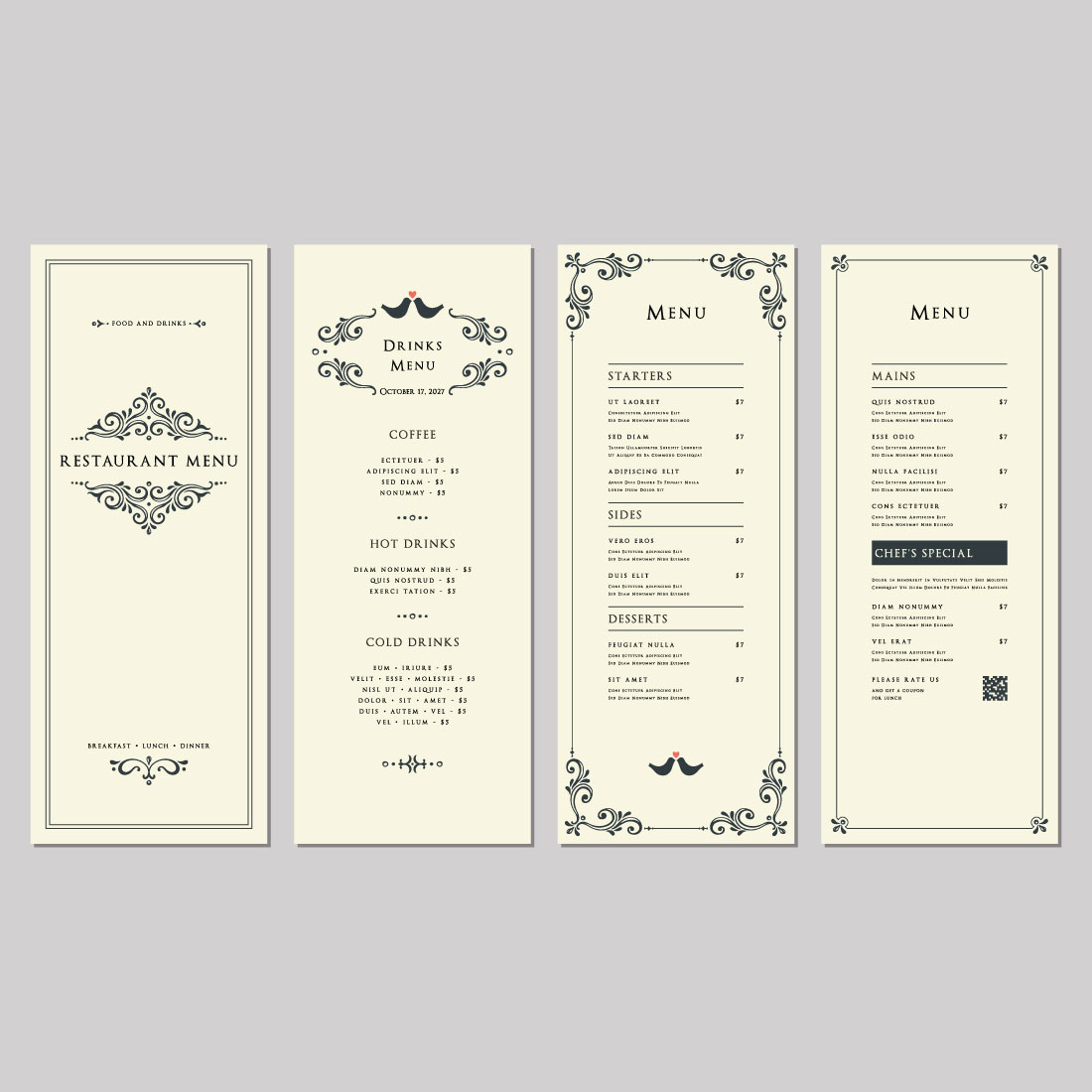Elegant restaurant menu layout with classic typography and structured sections.
Elegant restaurant menu layout with classic typography and structured sections.