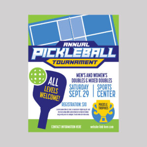 Pickleball tournament event poster promoting a competitive pickleball match with date, location, and registration details.