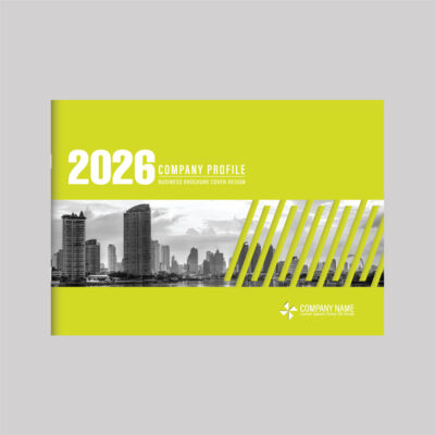 Annual report booklet with modern cover design showcasing corporate branding and city skyline graphics