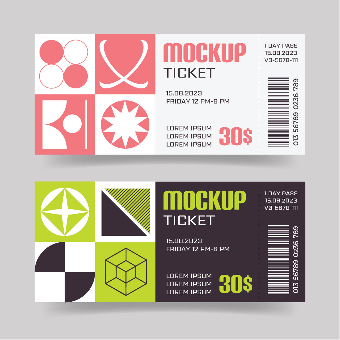 Professional event ticket designs with barcodes for entry control and promotions. Professional event ticket designs with barcodes for entry control and promotions.