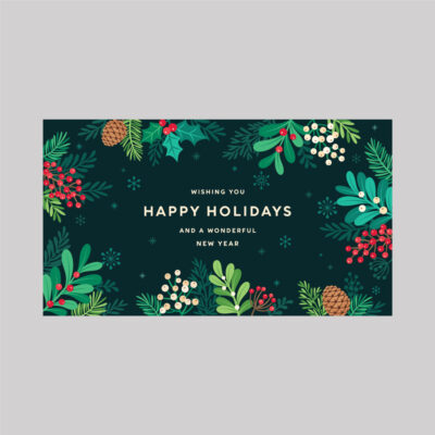 Happy Holidays greeting card featuring festive greenery, pinecones, and seasonal floral accents on a dark green background.