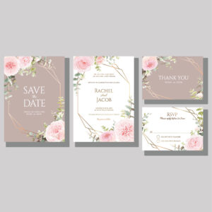 Romantic wedding invitation set with floral accents and soft neutral colors, professionally printed for weddings and special celebrations.