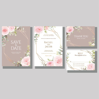 Romantic wedding invitation set with floral accents and soft neutral colors, professionally printed for weddings and special celebrations.
