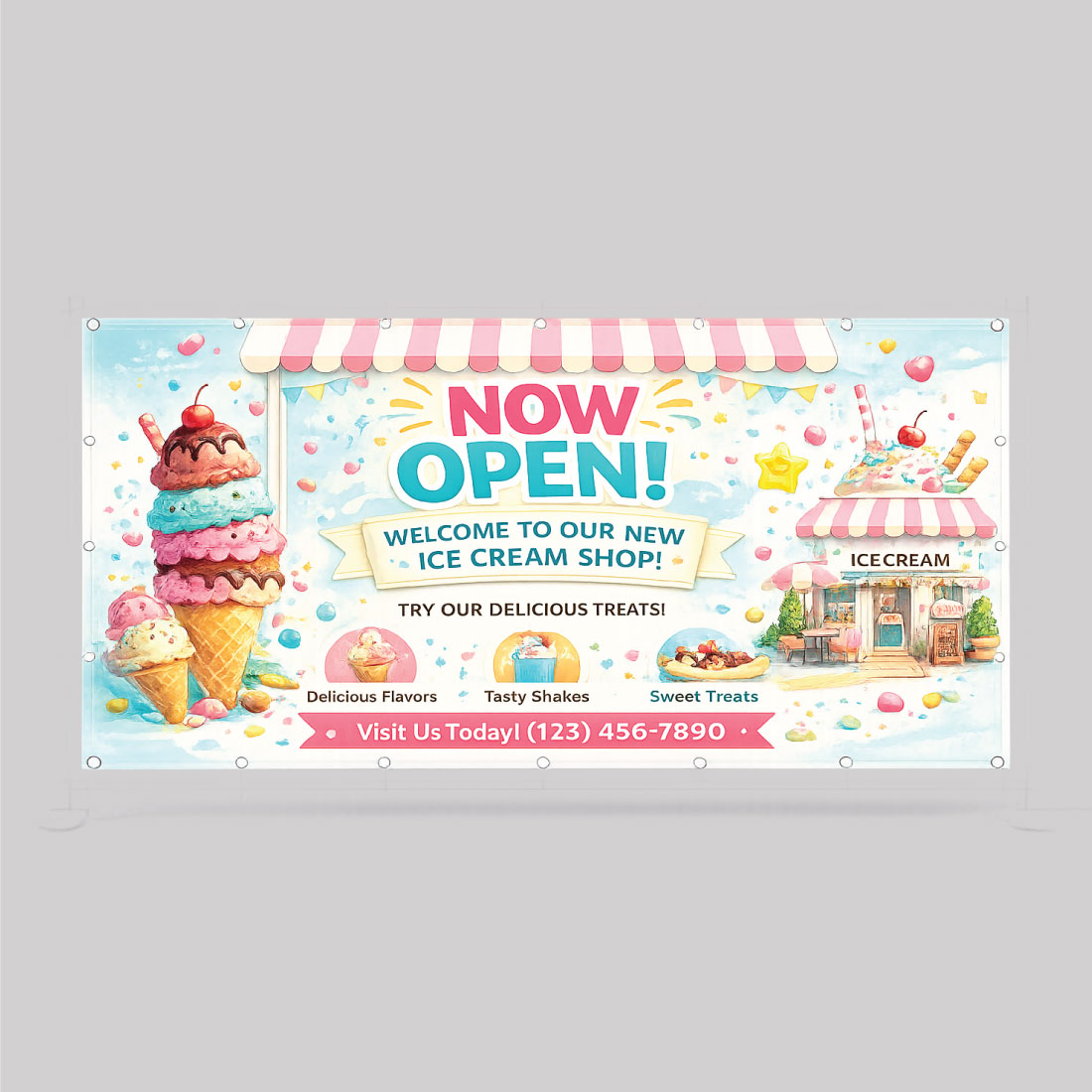 Fun and colorful banner for ice cream and dessert shops.
Fun and colorful banner for ice cream and dessert shops.