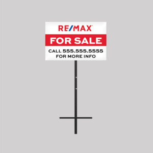 Rectangular T-bar yard sign with metal post displaying a real estate for sale sign.