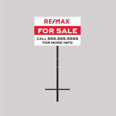 Rectangular T-bar yard sign with metal post displaying a real estate for sale sign.