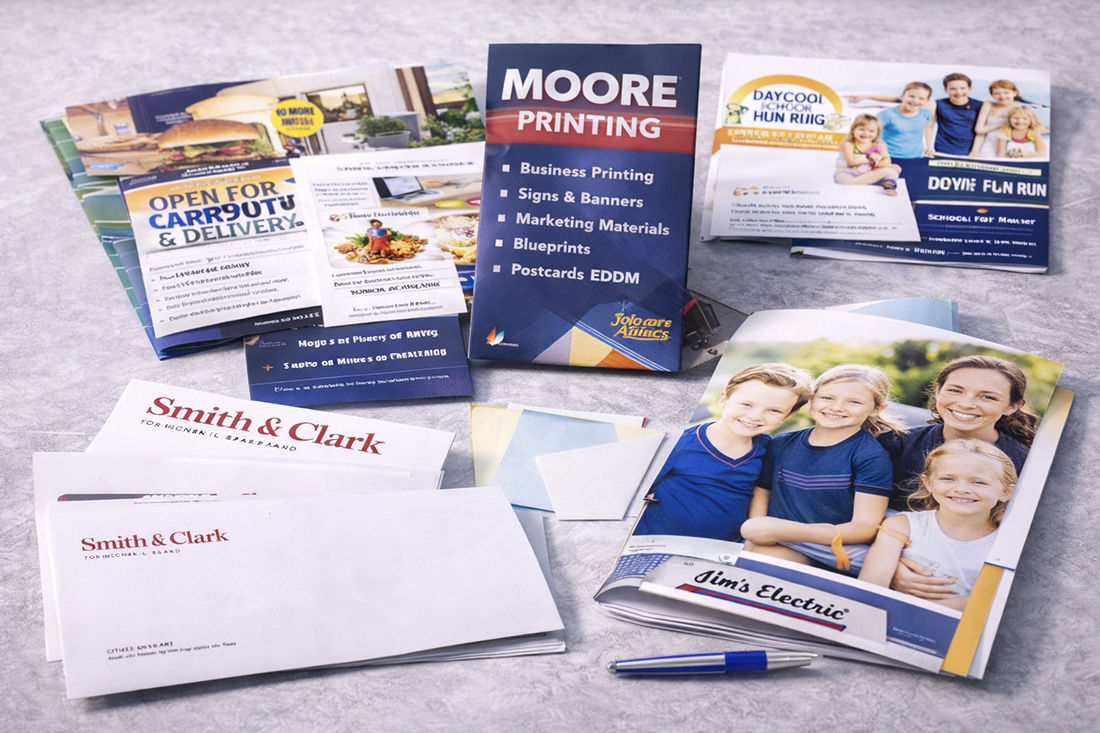 Custom printed brochures and folded marketing materials created by Moore Printing Company for businesses and organizations.