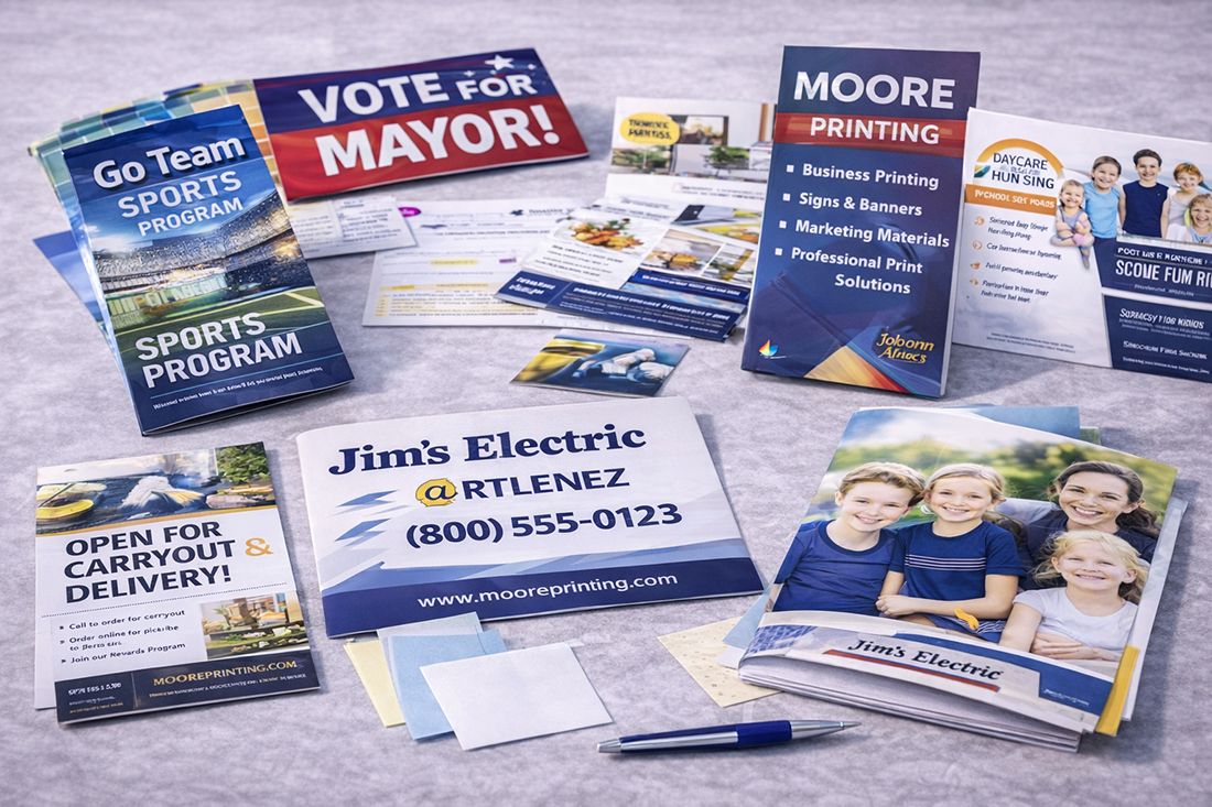 Printed marketing postcards and direct mail materials produced by Moore Printing Company for local promotion.