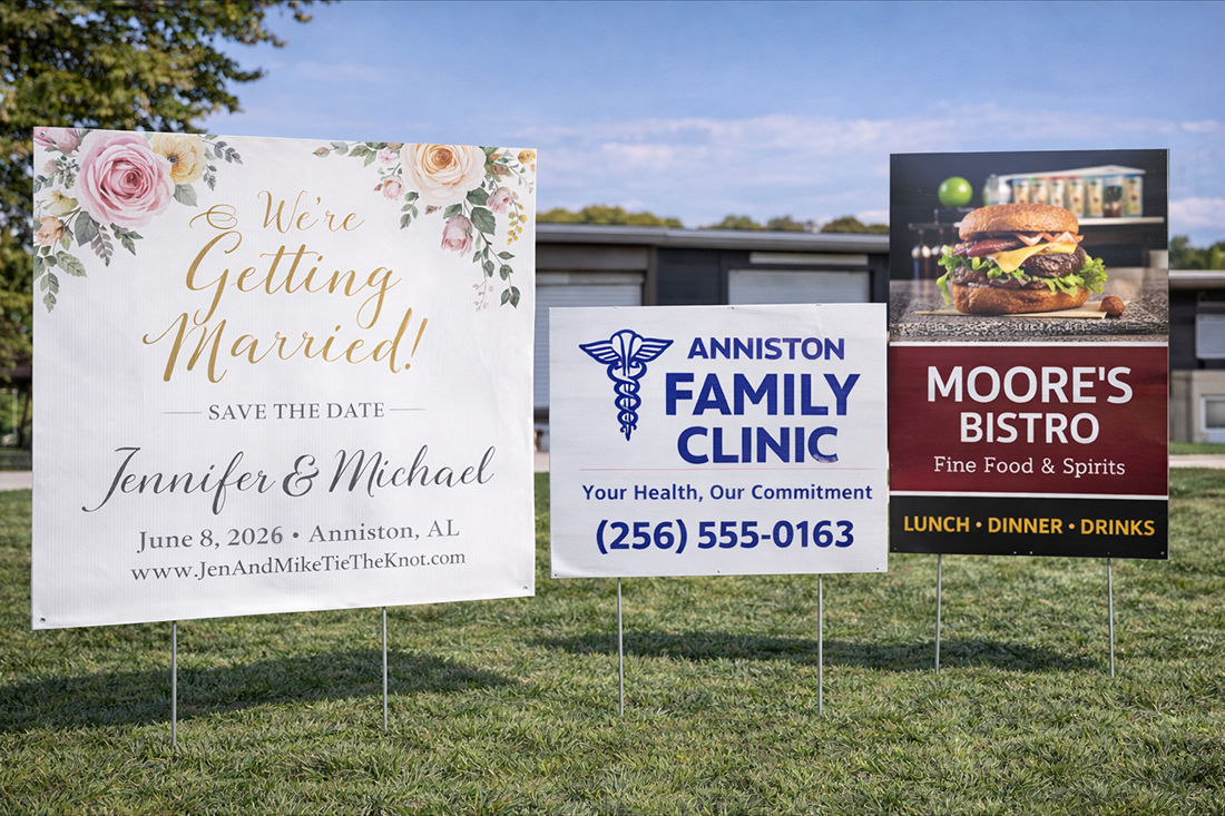 Custom printed signs for weddings, medical offices, restaurants, and local businesses
