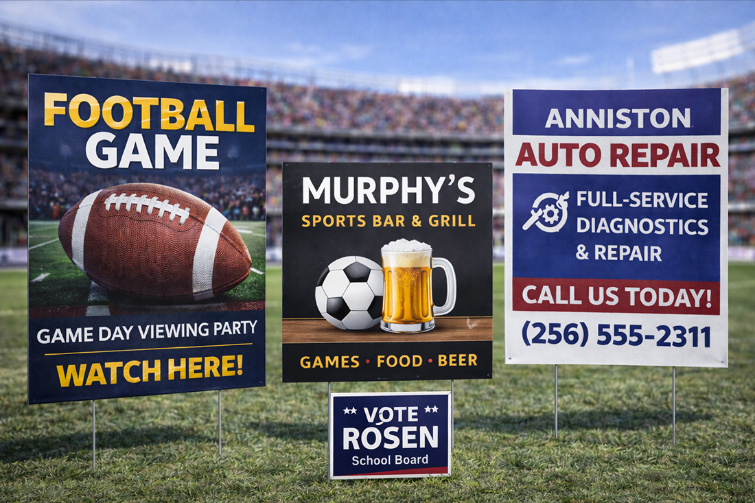 Custom printed sports, restaurant, automotive, and political yard signs displayed outdoors