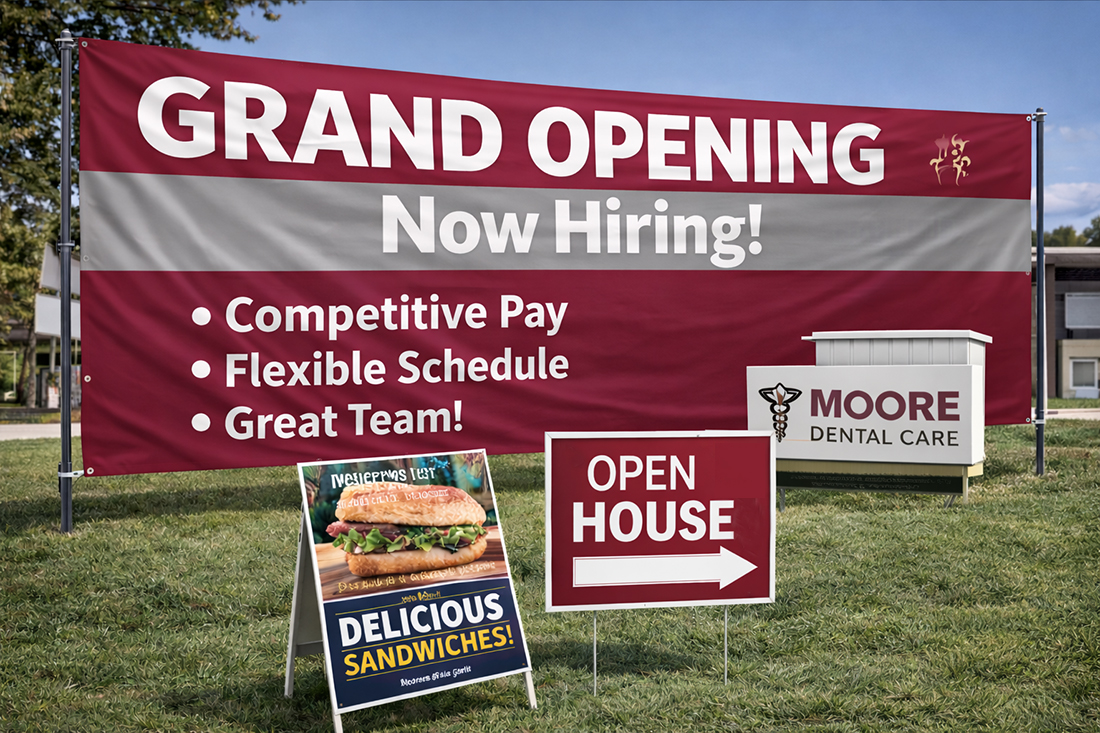 Large format banners and promotional signs printed for grand openings and events
