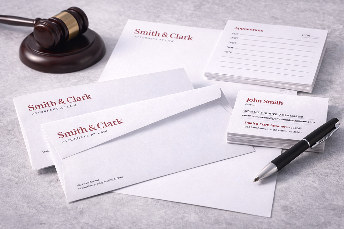 Basic business stationery with custom letterhead, envelopes, and business cards for professional everyday use.