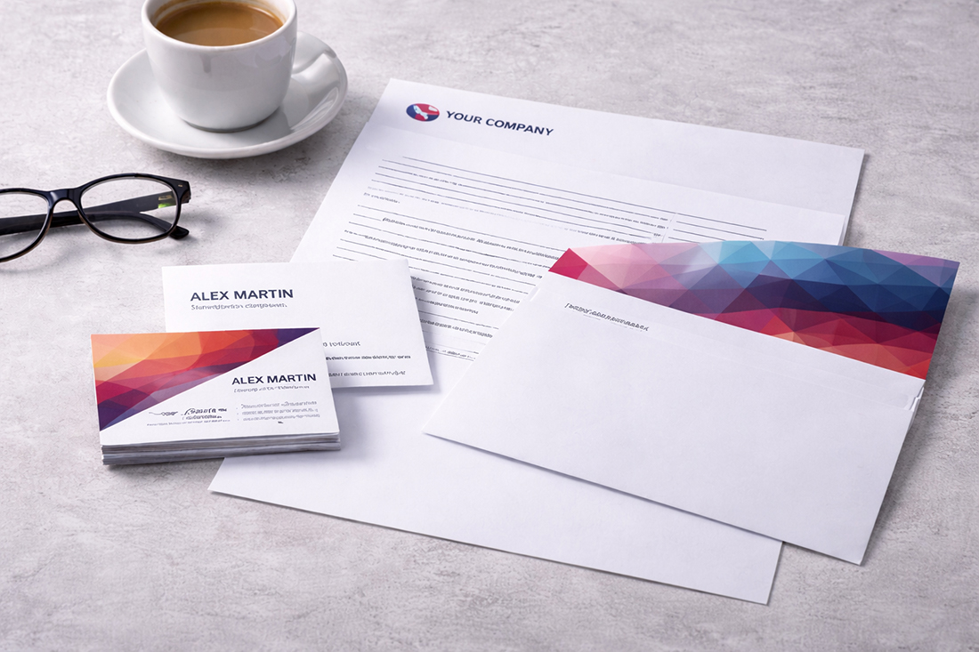 Custom business stationery set including letterhead, envelopes, and business cards printed by Moore Printing Company in Anniston Alabama.