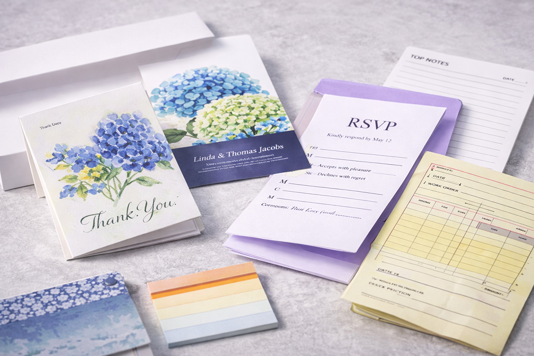 Custom thank you cards, invitations, and personalized stationery printed by Moore Printing Company.